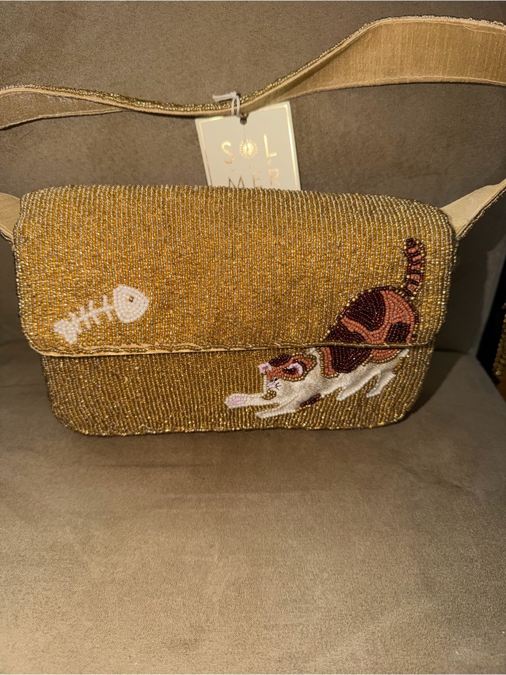 Sol Mej Gold Beaded Cat Embroidered Crossbody Bag
